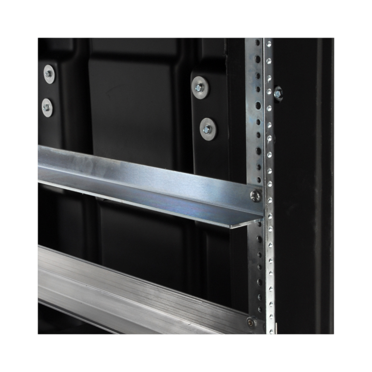 Installed 20 inch steel support rail inside a shock rack, providing added structural support for heavy pro audio equipment.