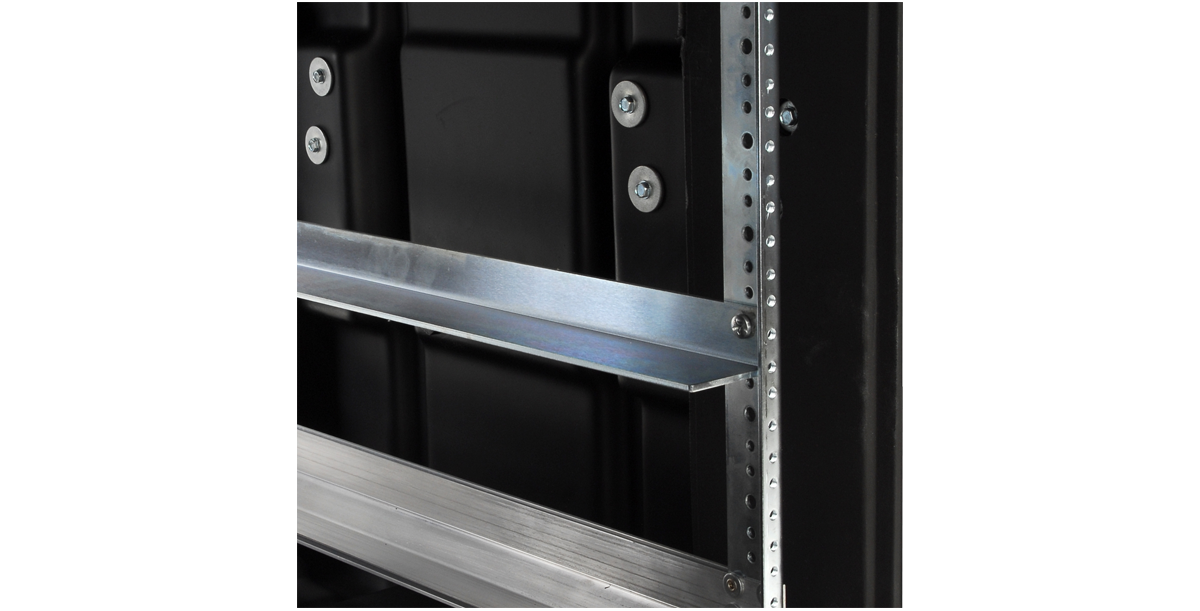 Installed 20 inch steel support rail inside a shock rack, providing added structural support for heavy pro audio equipment.