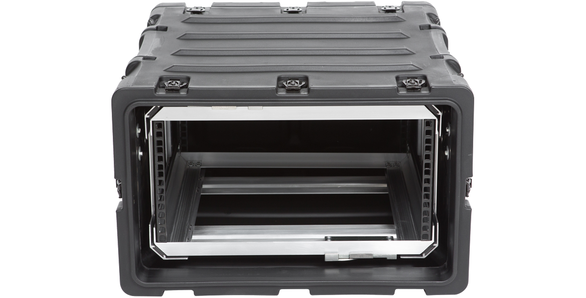 Straight-on view of 5U RR Series 20-inch shock rack with reinforced corners and internal rack rails for electronics.