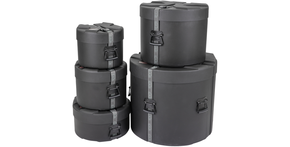 SKB Drum Package - Ultimate Drum Case Set featuring rugged black cases with secure straps, ideal for full drum kit protection and transport.