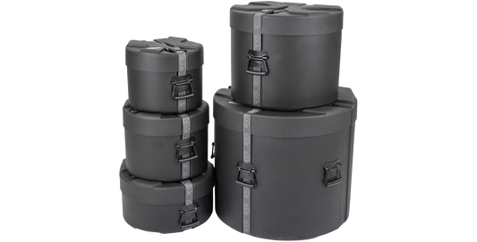 SKB Drum Package - Ultimate Drum Case Set featuring rugged black cases with secure straps, ideal for full drum kit protection and transport.