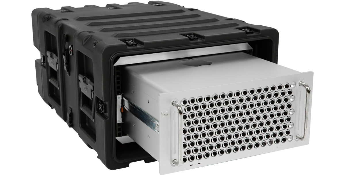 Side view of 5U 24-inch deep shock rack case with Mac Pro extending out. Lightweight, impact-resistant case for pro audio and tech gear.