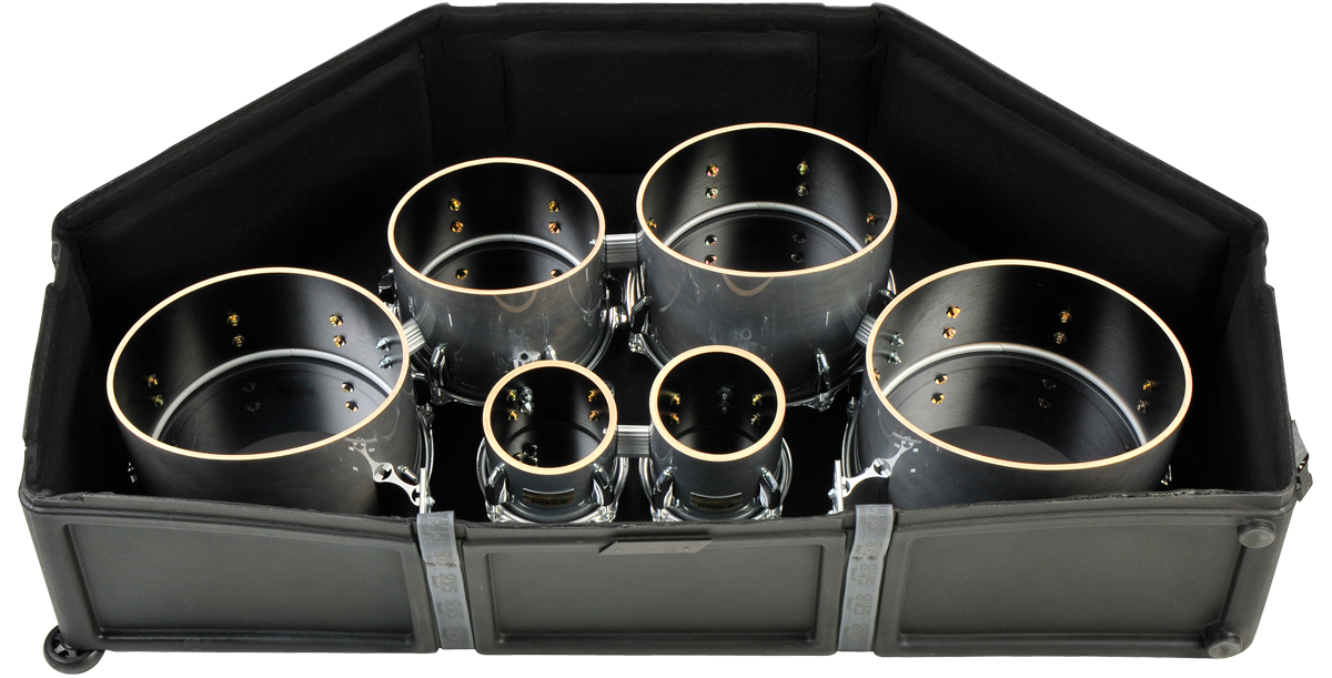 Interior view of Marching Quad Quint Case showing snug fit for five marching drums. Padded lining ensures optimal drum protection.