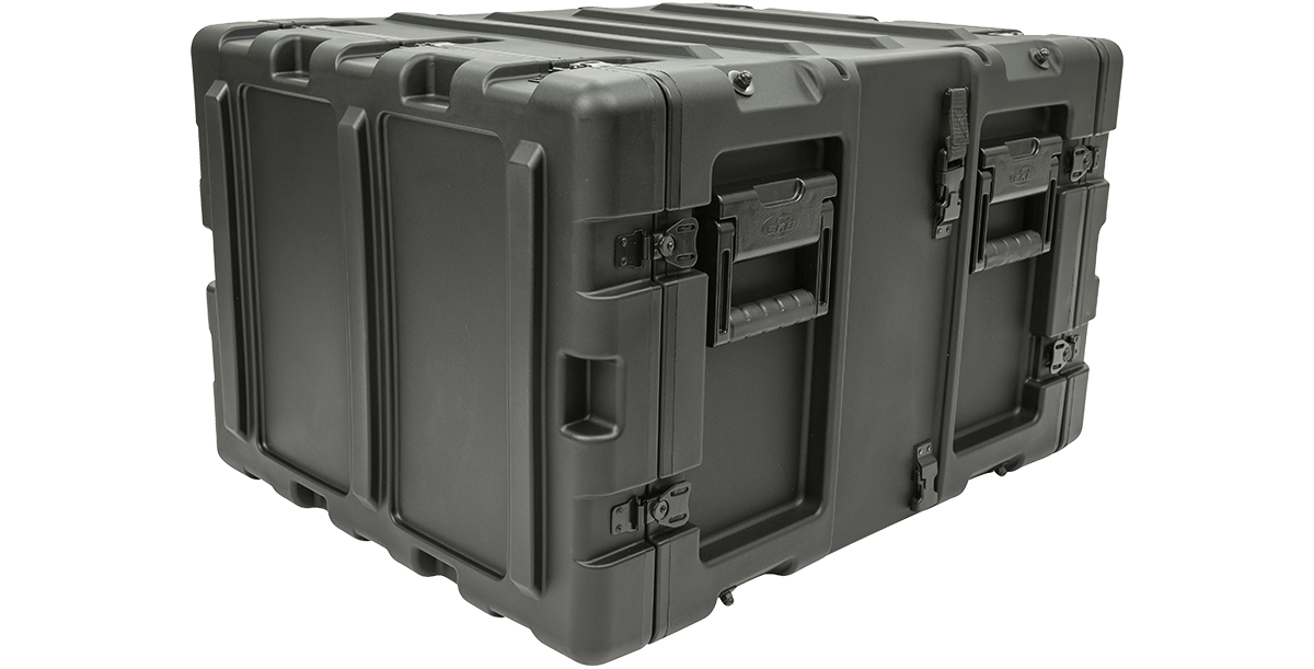 Side angle of 20-inch SKB Shock Rack Case showing reinforced corners and ergonomic handles for heavy-duty electronic equipment protection.