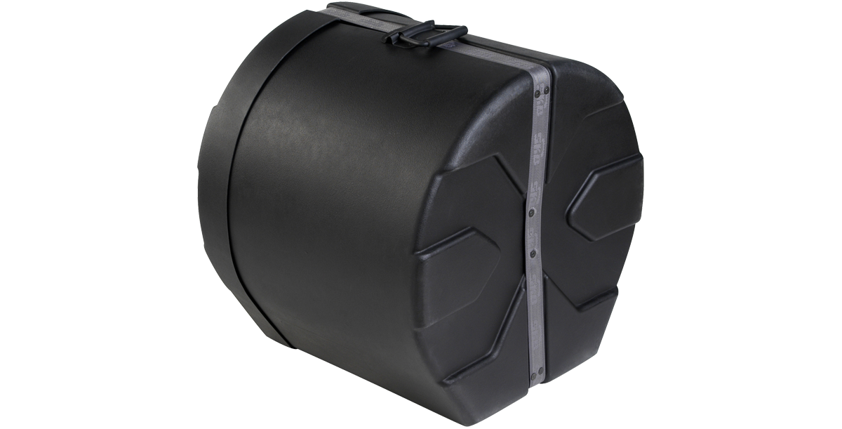 Angled view of 16 x 18 floor tom drum case showing rugged construction and sure grip strap for secure closure and easy handling.
