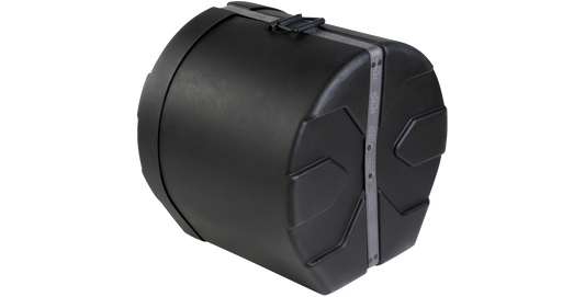 Angled view of 16 x 18 floor tom drum case showing rugged construction and sure grip strap for secure closure and easy handling.