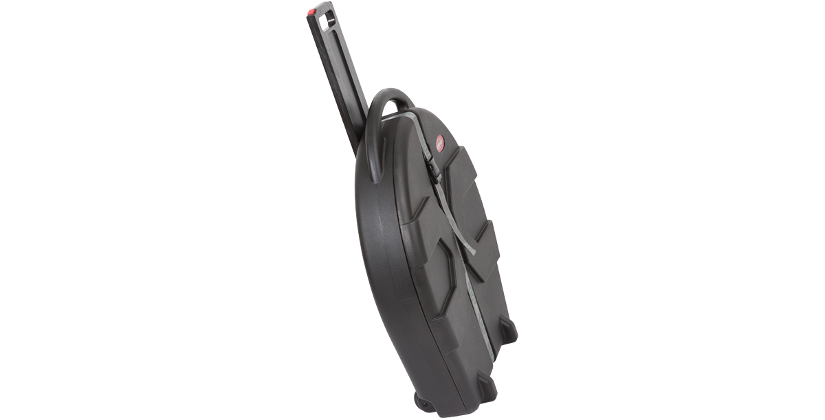 Angled side view of the Rolling Cymbal Vault showing its rugged molded shell and ergonomic pull handle for mobility.