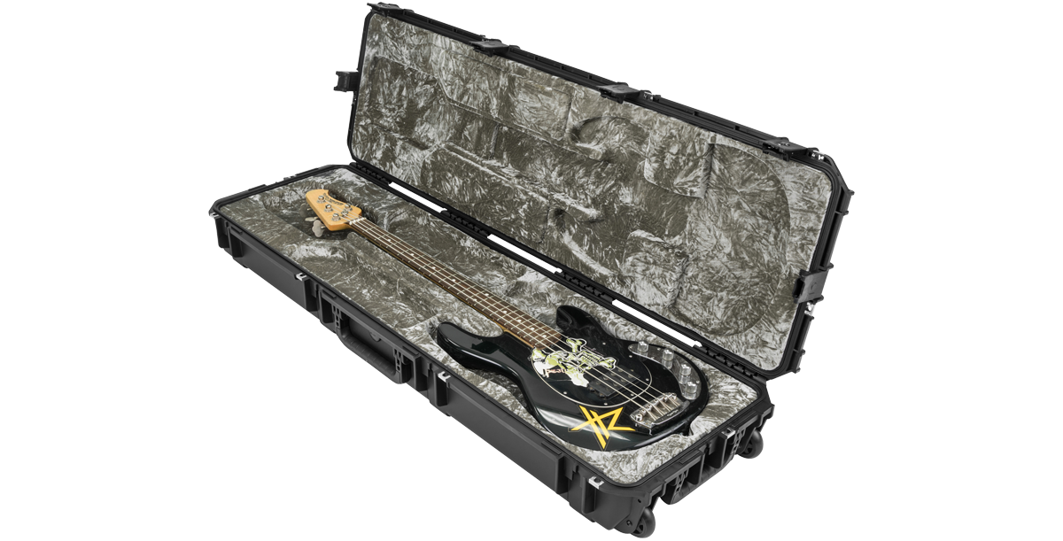 Angled view of iSeries Waterproof StingRay Bass Case showcasing custom-fit interior and bass guitar placement. Built for rugged travel protection.