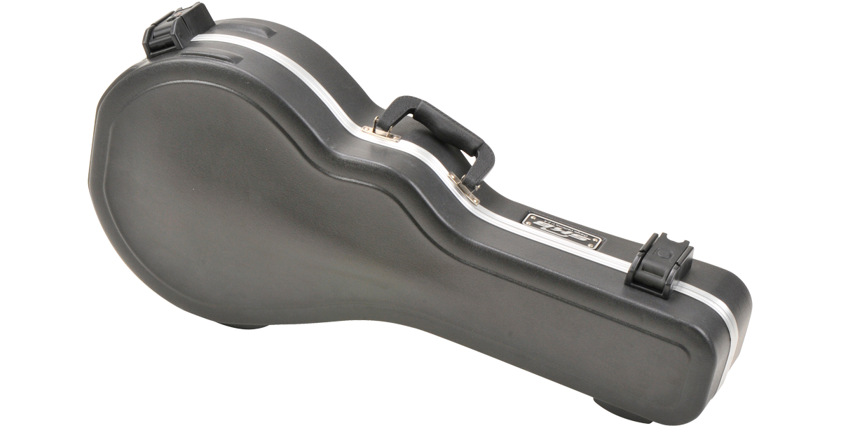 Angled view of F Style Mandolin Case featuring molded ABS construction and TSA locks for secure and stylish protection.