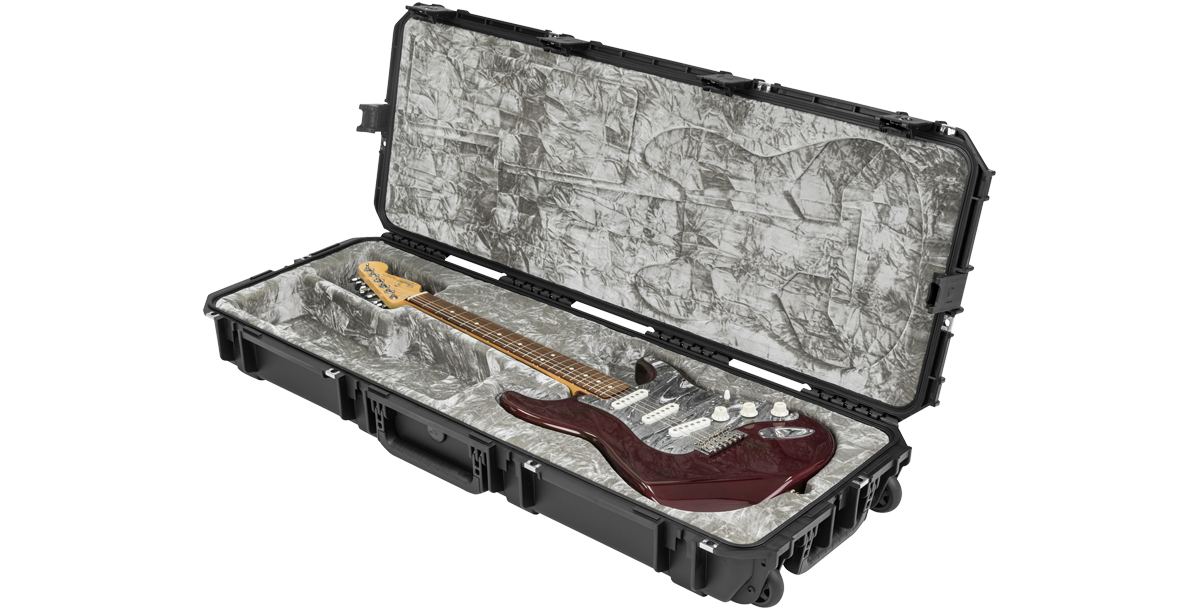 Waterproof Strat Tele guitar case with molded interior shown holding a Stratocaster, ideal for travel and storage.