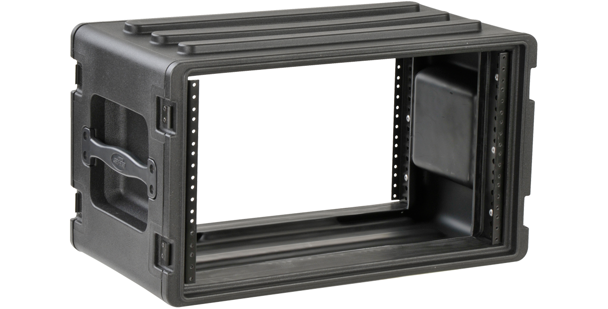 Empty 6U Shallow Rack - Durable Design with open front and back, highlighting its stackable, roto-molded polyethylene construction for pro audio setups.