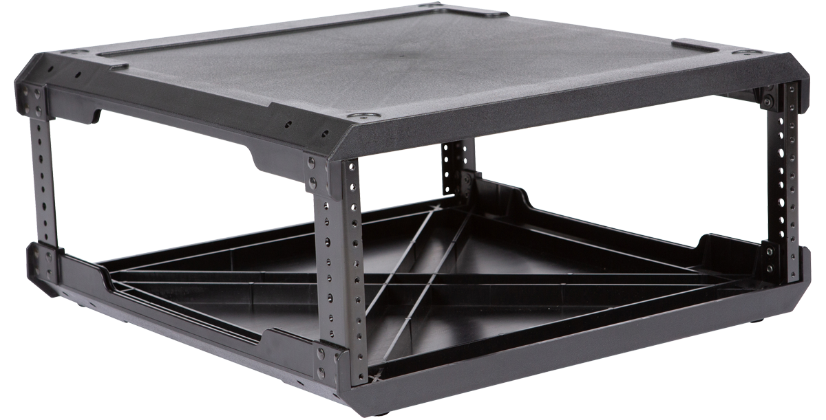 Side perspective of 4U Injection Molded Rack Frame by SKB, featuring reinforced corners and modular rack rails for studio or travel use.