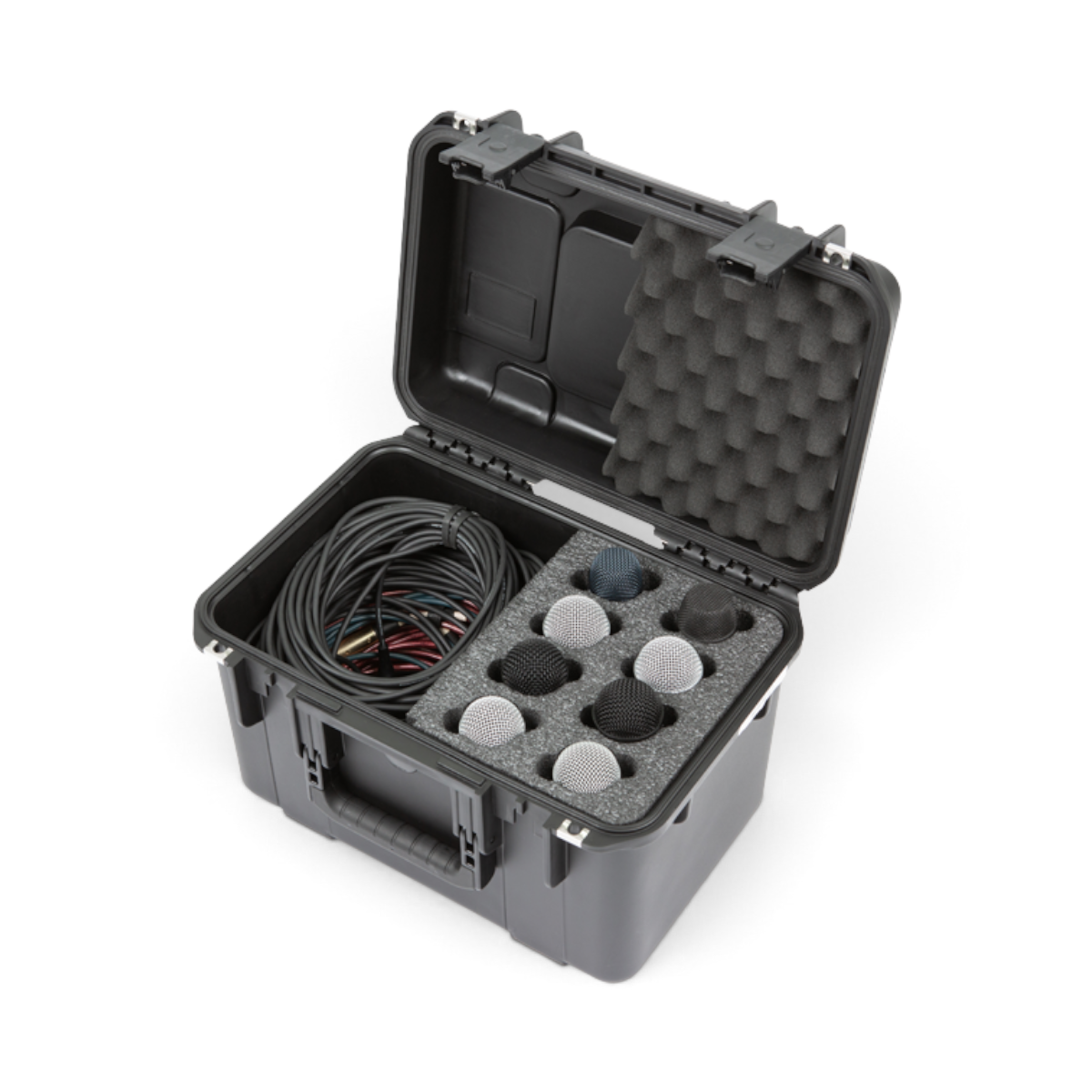 SKB Cases iSeries microphone case with PE foam interior holding eight handheld mics and a large accessory compartment.