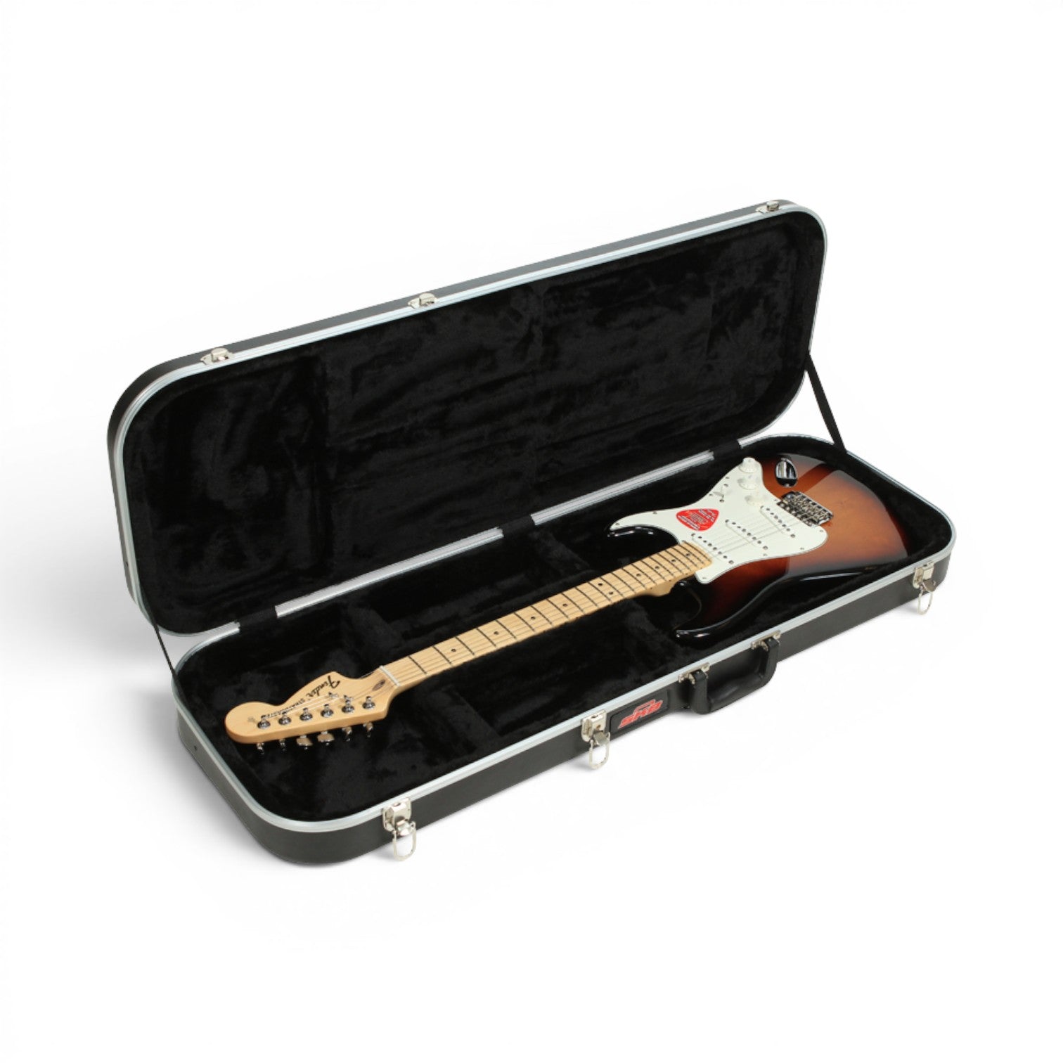 Affordable electric guitar case with a secure plush-lined interior, shown with a Stratocaster-style guitar. Great value for musicians needing reliable protection.