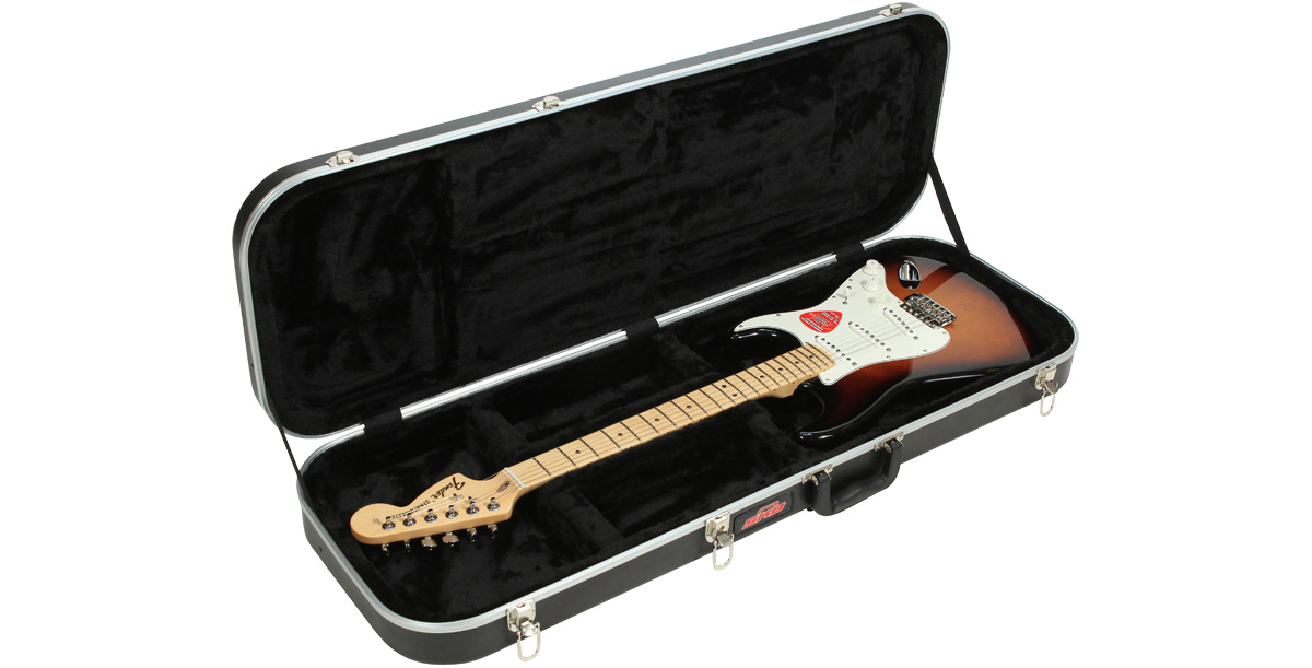 Affordable electric guitar case with a secure plush-lined interior, shown with a Stratocaster-style guitar. Great value for musicians needing reliable protection.