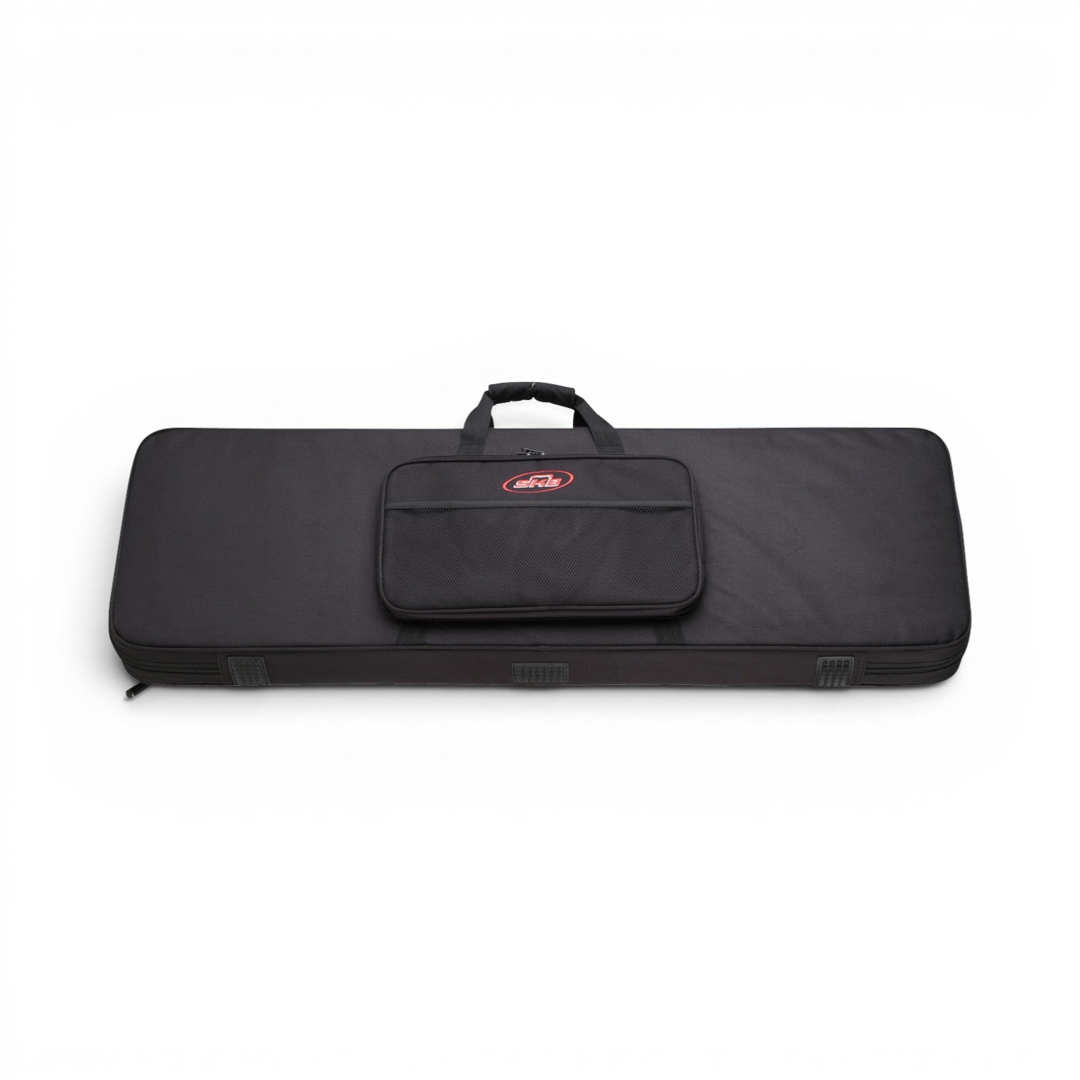 Flat view of rectangular bass guitar soft case with reinforced corners and front zip pocket. Built for durability and portability.