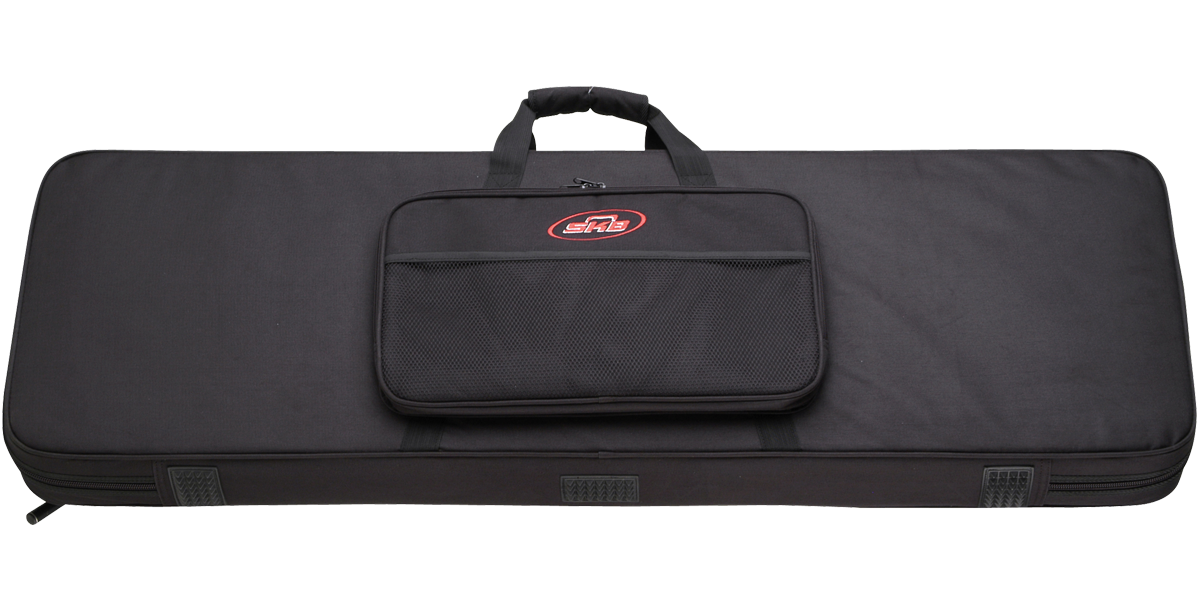 Flat view of rectangular bass guitar soft case with reinforced corners and front zip pocket. Built for durability and portability.