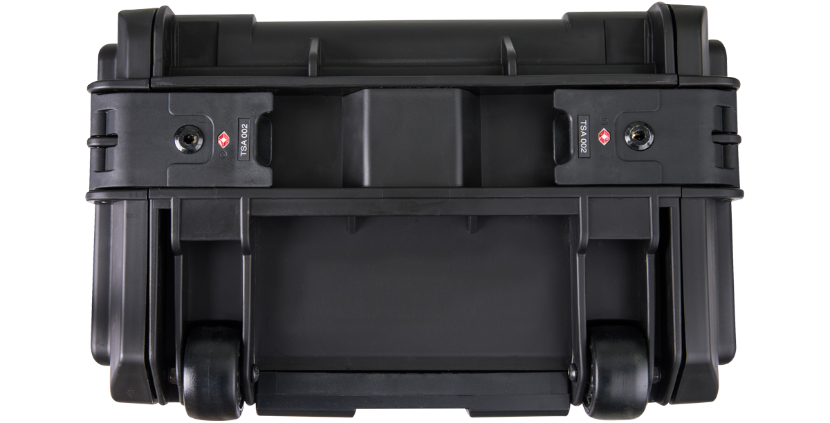 Top view of Compact Injection Molded Rack showing dual TSA-locking latches and reinforced handle for travel security.