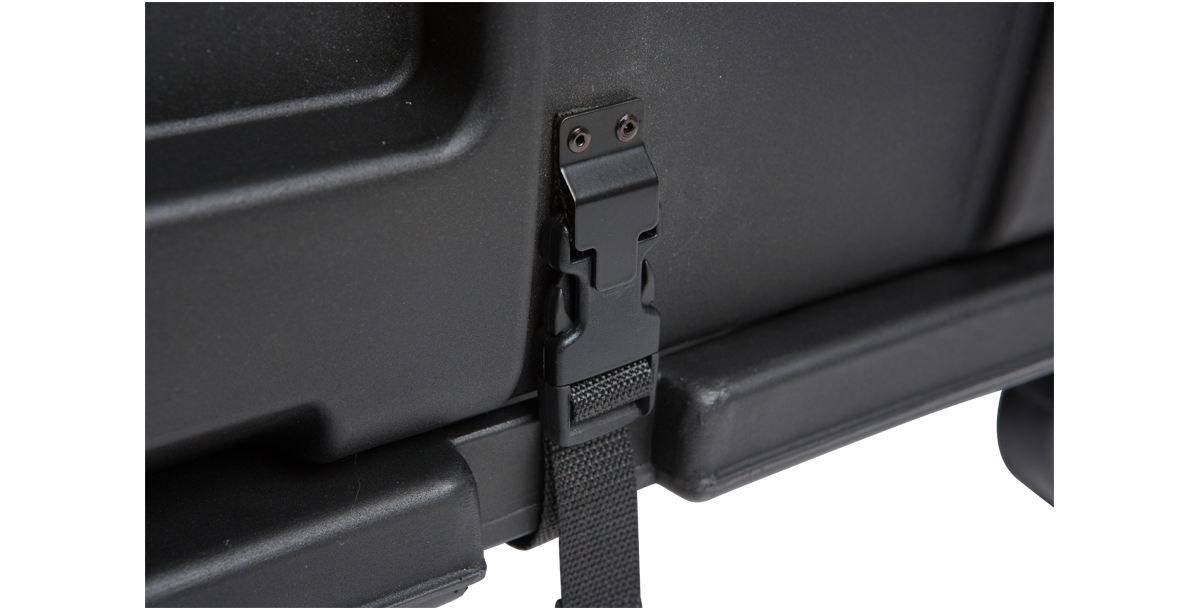 Close-up of locking latch on shock rack caster platform for secure stacking of SKB 3RR/3RS cases in accessory kits.