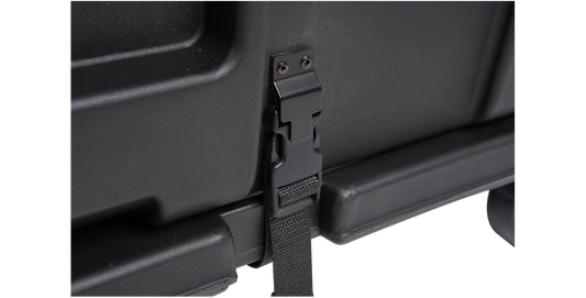 Close-up of locking latch on shock rack caster platform for secure stacking of SKB 3RR/3RS cases in accessory kits.