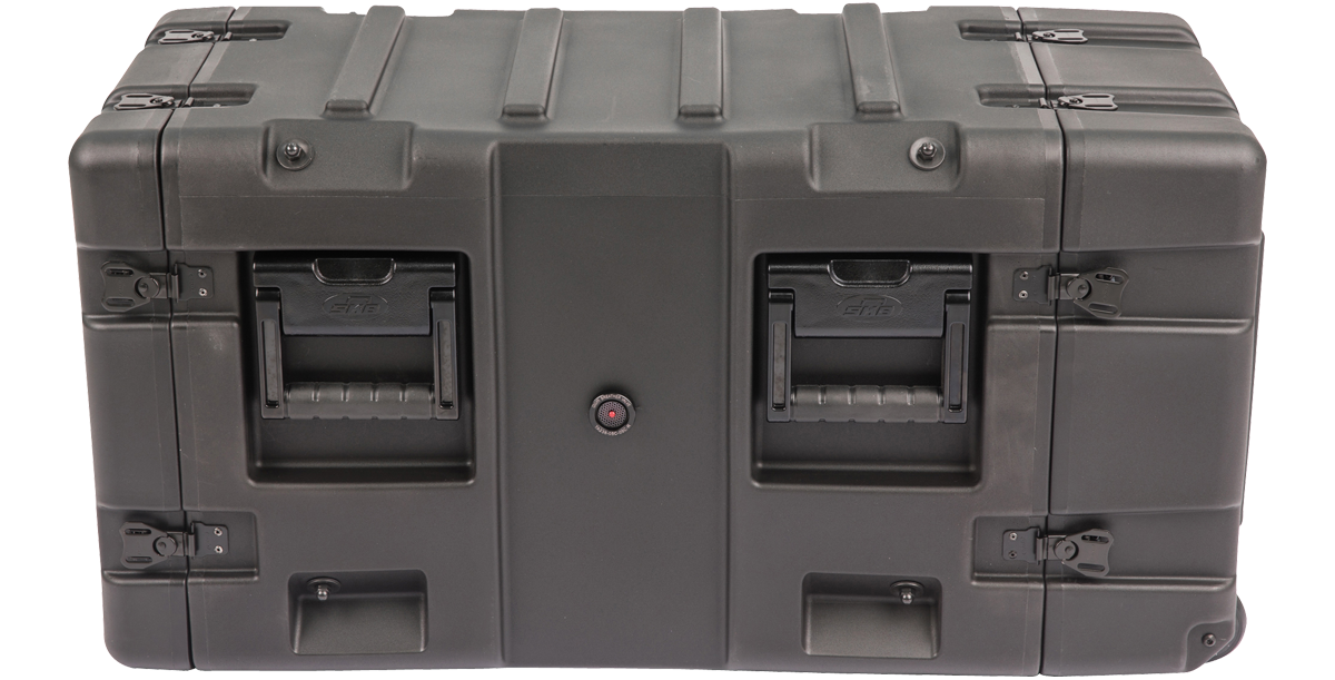 20-inch Shock Rack Case by SKB rear view with locking system and ergonomic handles for secure and portable equipment housing.