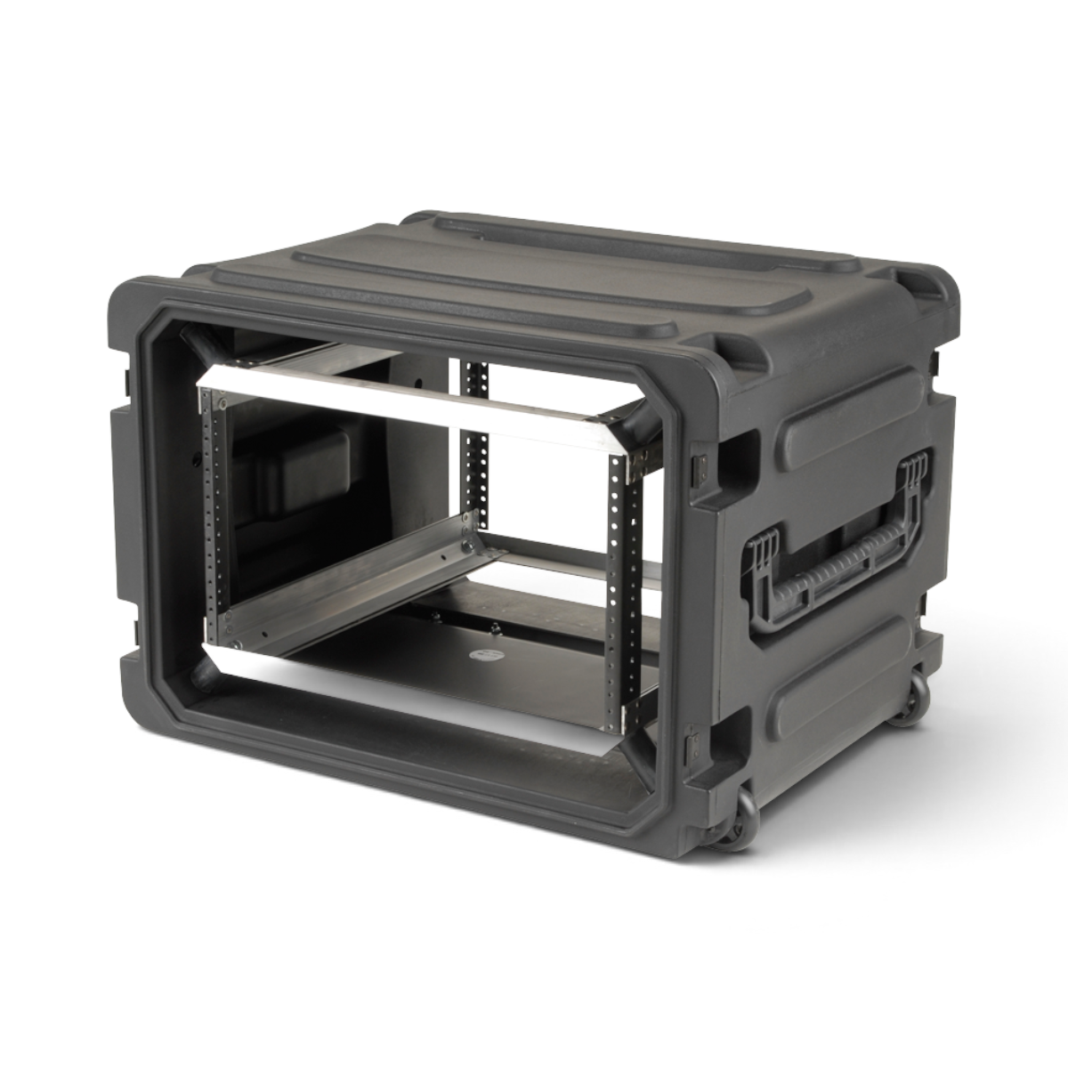 Durable 20 Inch Rolling Shock Rack with side handles and internal rails, perfect for transporting pro-audio or vacuum accessories safely.