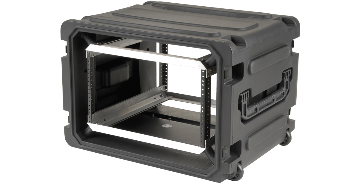 Durable 20 Inch Rolling Shock Rack with side handles and internal rails, perfect for transporting pro-audio or vacuum accessories safely.