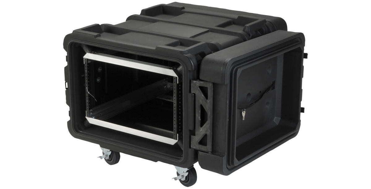 Open 6U 24-inch rSeries Shock Rack with removable lid and visible rack rails, designed for heavy-duty server and Mac Pro transport.