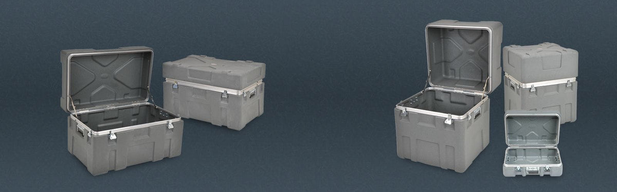 Set of gray storage boxes with lids on a dark blue background