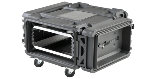 4U 28-Inch rSeries Shock Rack with adjustable rails and MIL-SPEC sealing, open front view showing internal mounting frame and shock-absorbing design.