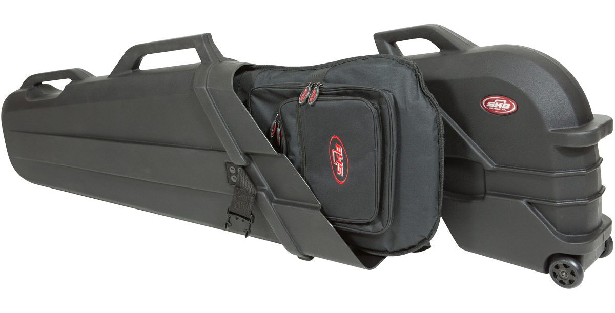 ATA Bass Case fully opened with removable accessory bag, offering organized storage and TSA lock security for travel.