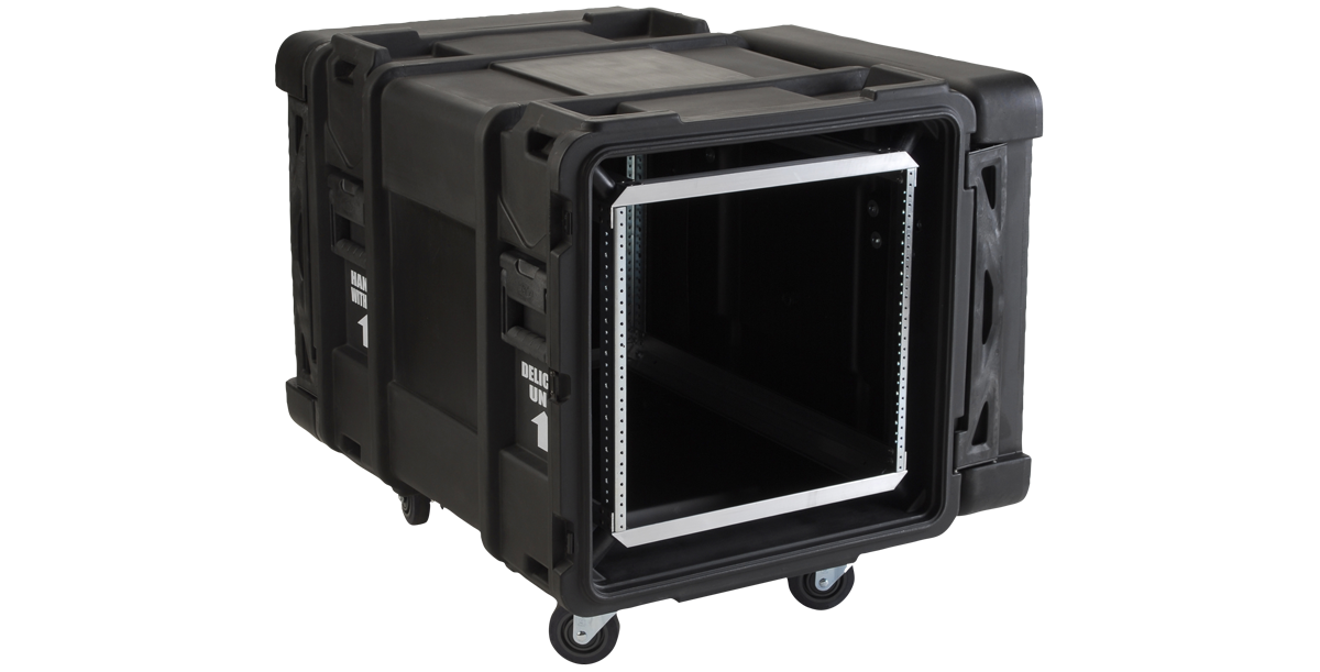 Angled front view of 30-Inch rSeries Shock Rack with open lid, showing deep server rack space and reinforced aluminum mounting rails.