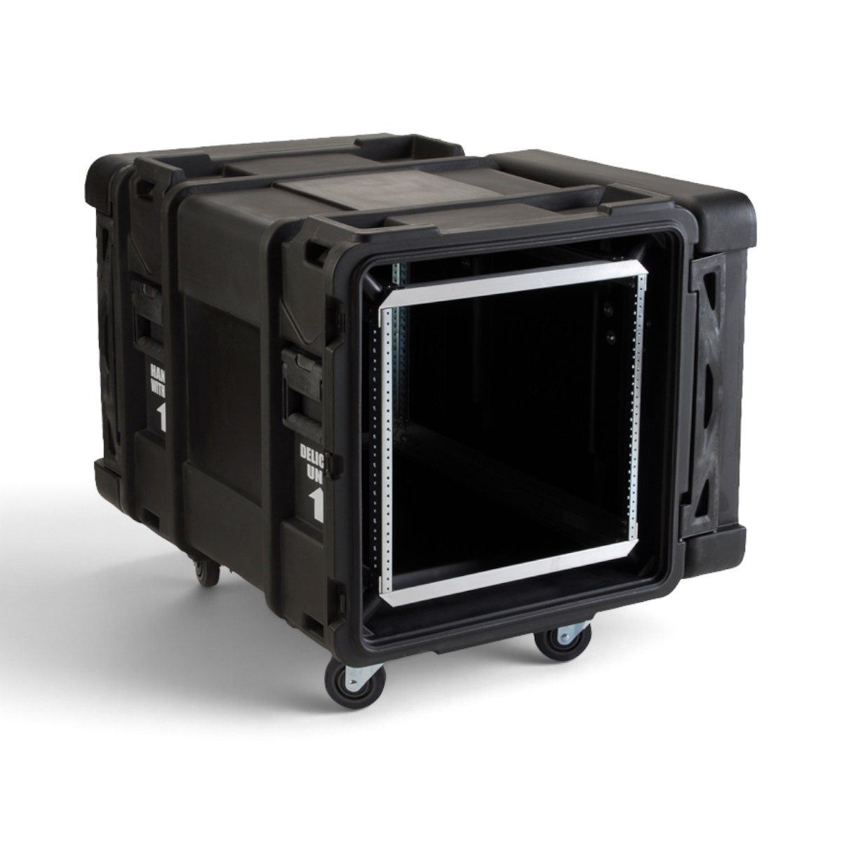 Angled front view of 30-Inch rSeries Shock Rack with open lid, showing deep server rack space and reinforced aluminum mounting rails.