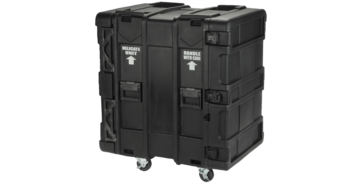 Closed 24-Inch Shock Rack - rSeries 16U with labeled exterior, built for durability and mobility in pro-audio and server environments.
