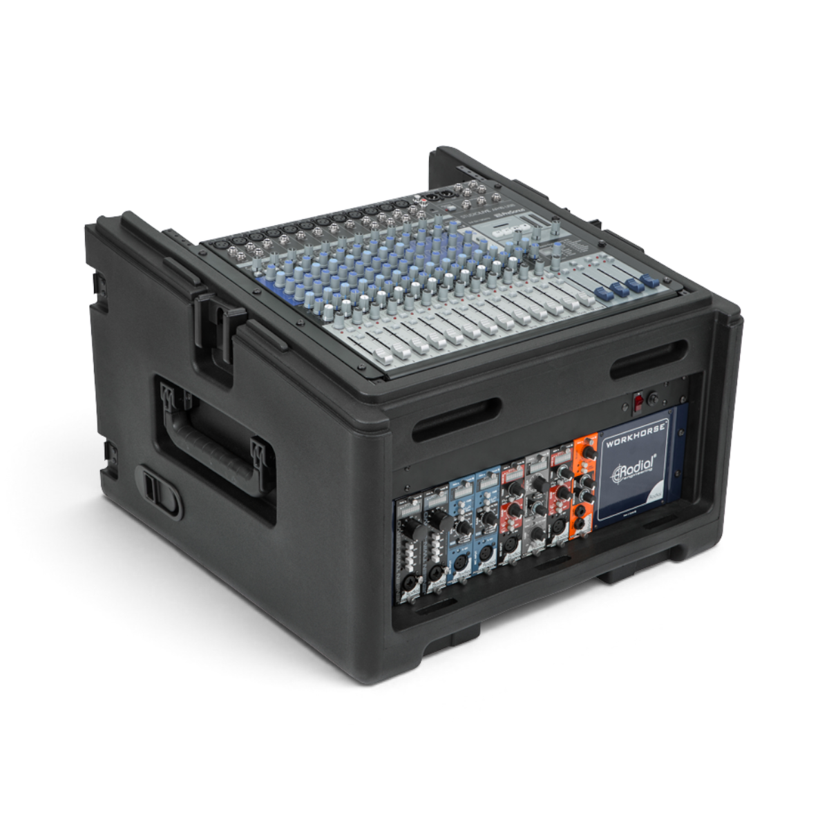 Side angle of rolling compact rig showing 10U mixer and 4U rack modules. Heavy-duty handles and rugged case ideal for mobile audio setups.