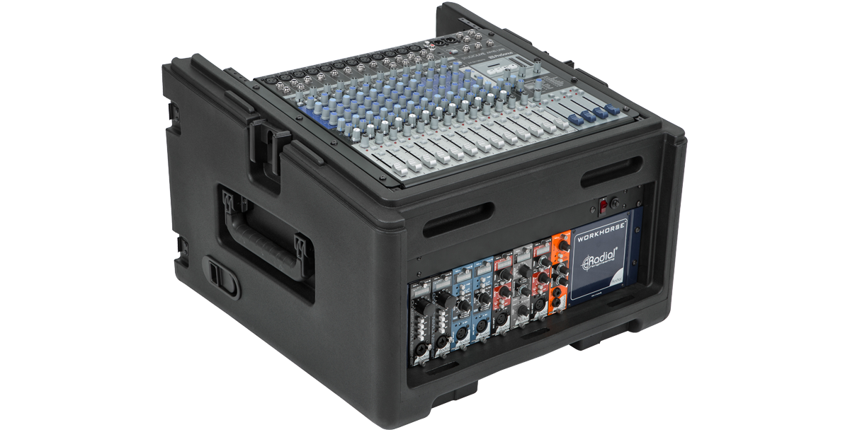 Side angle of rolling compact rig showing 10U mixer and 4U rack modules. Heavy-duty handles and rugged case ideal for mobile audio setups.