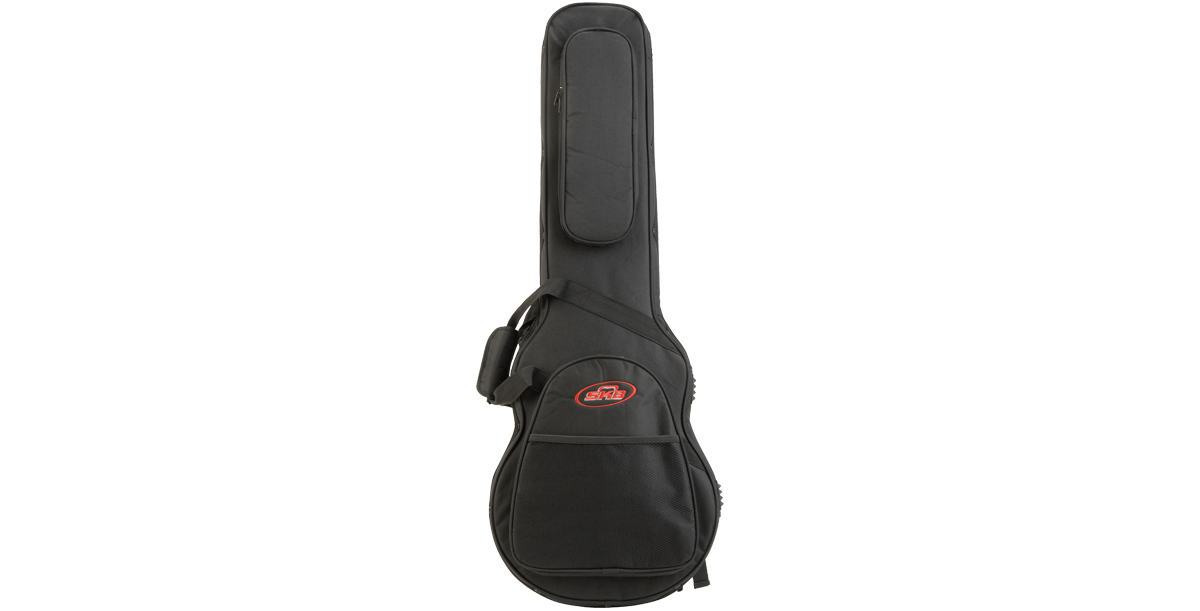 Front view of Les Paul Guitar Soft Case with durable 600 Denier nylon exterior and logo patch, ideal for safe guitar storage and travel.