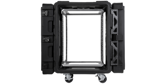 Front view of 24-Inch rSeries Shock Rack - Durable & Efficient | 3SKB, showing open lid and internal aluminum frame for secure IT or server mounting.