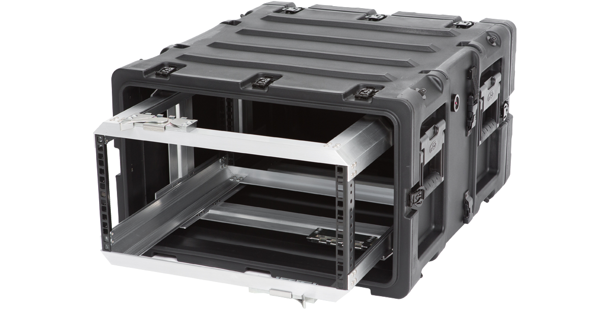 Open side view of 20-inch Removable Shock Rack 5U RR Series with extended internal frame for easy equipment access.