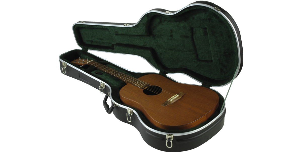 SKB Economy acoustic guitar case open with guitar inside, showing plush EPS interior for secure instrument protection.