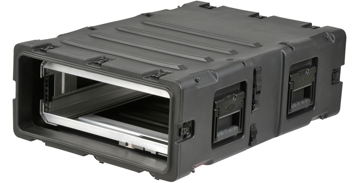 SKB 3U Shock Rack Case with open front showing lightweight aluminum rack frame and watertight molded shell construction.