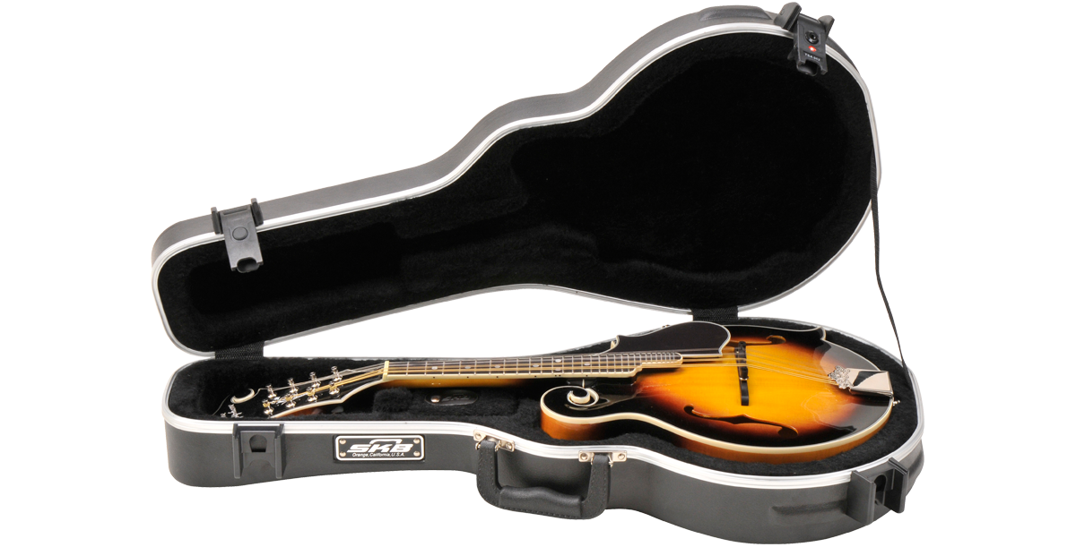 TSA-approved F Style Mandolin Case showcasing snug plush interior fit for Florentine mandolin, ideal for travel and storage.