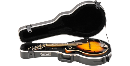 TSA-approved F Style Mandolin Case showcasing snug plush interior fit for Florentine mandolin, ideal for travel and storage.