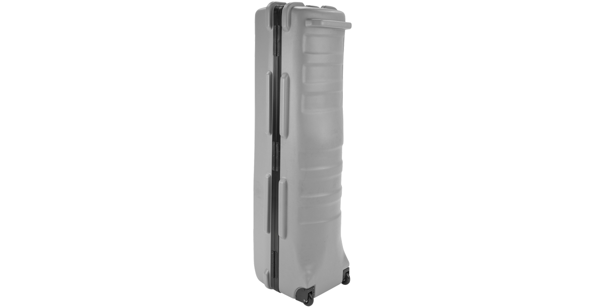 Vertical standing position of ATA Staff Pro XL Golf Travel Case - Grey showing compact storage capability and side handle design.