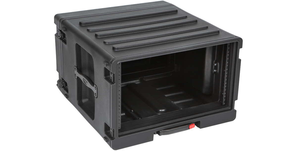 Side angle of 6U Rolling Rack - Durable and Portable Storage, featuring water-resistant seals and front access panel.