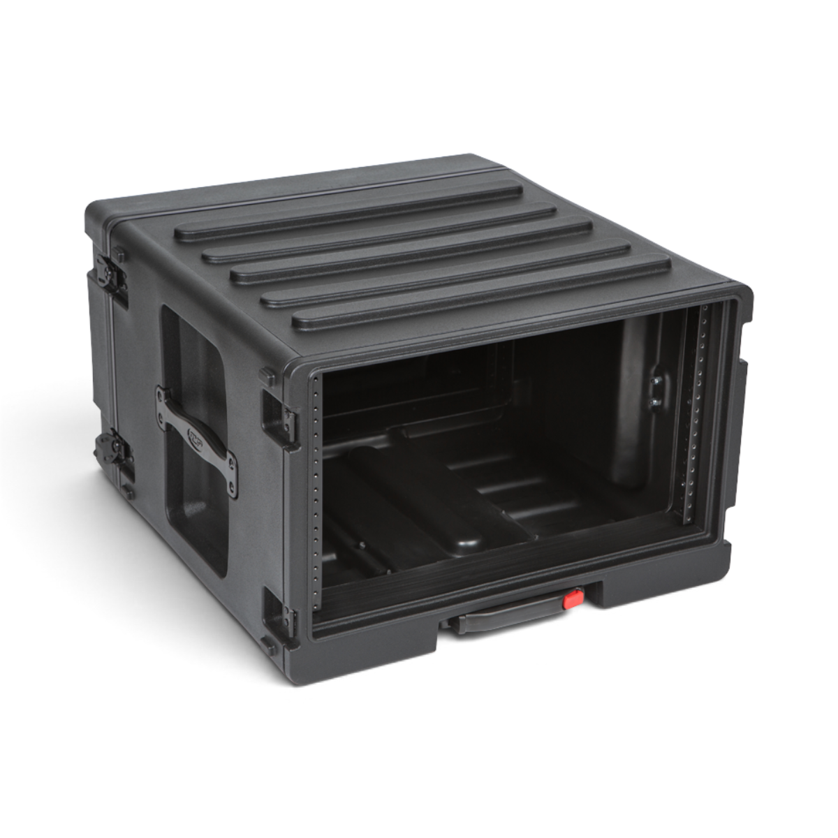 Side angle of 6U Rolling Rack - Durable and Portable Storage, featuring water-resistant seals and front access panel.