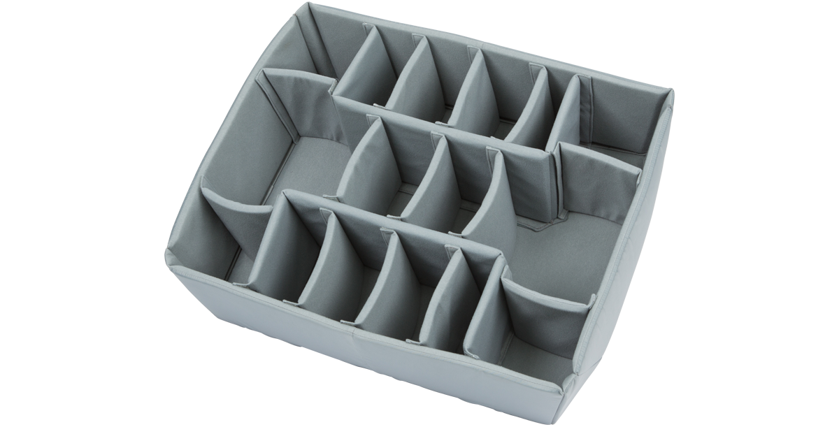 Angled view of iSeries 2922-10 Think Tank Divider Set showing customizable padded sections for secure fit and protection in accessory kits.