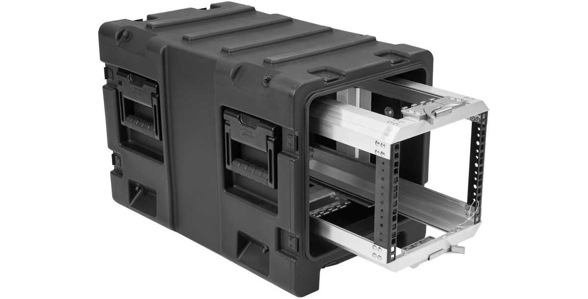 SKB 20-inch Shock Rack Case with shock-absorbing frame and side handles, designed for rugged transport of sensitive gear.