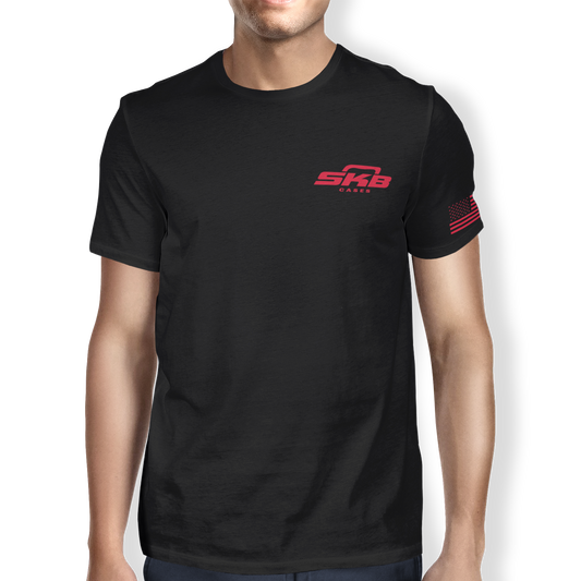 Front view of durable t-shirt design showcasing SKB resilience logo in red on black cotton polyester blend, ideal for everyday wear.