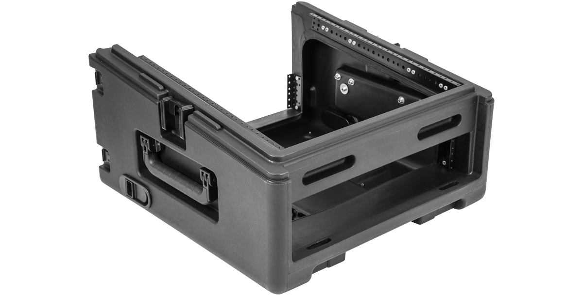 Rear view of Compact Rig Case - Rolling showing ventilation slots and durable roto-molded construction for pro audio gear protection.